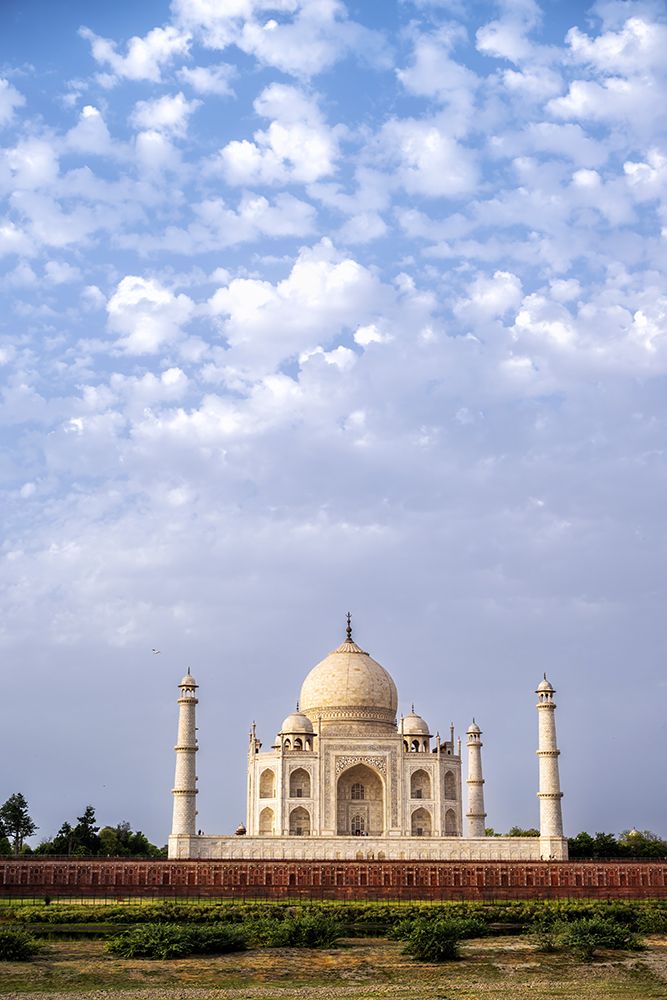 India, Uttar Pradesh, Agra. Taj Mahal, in wide angle vertical view in early morning sky